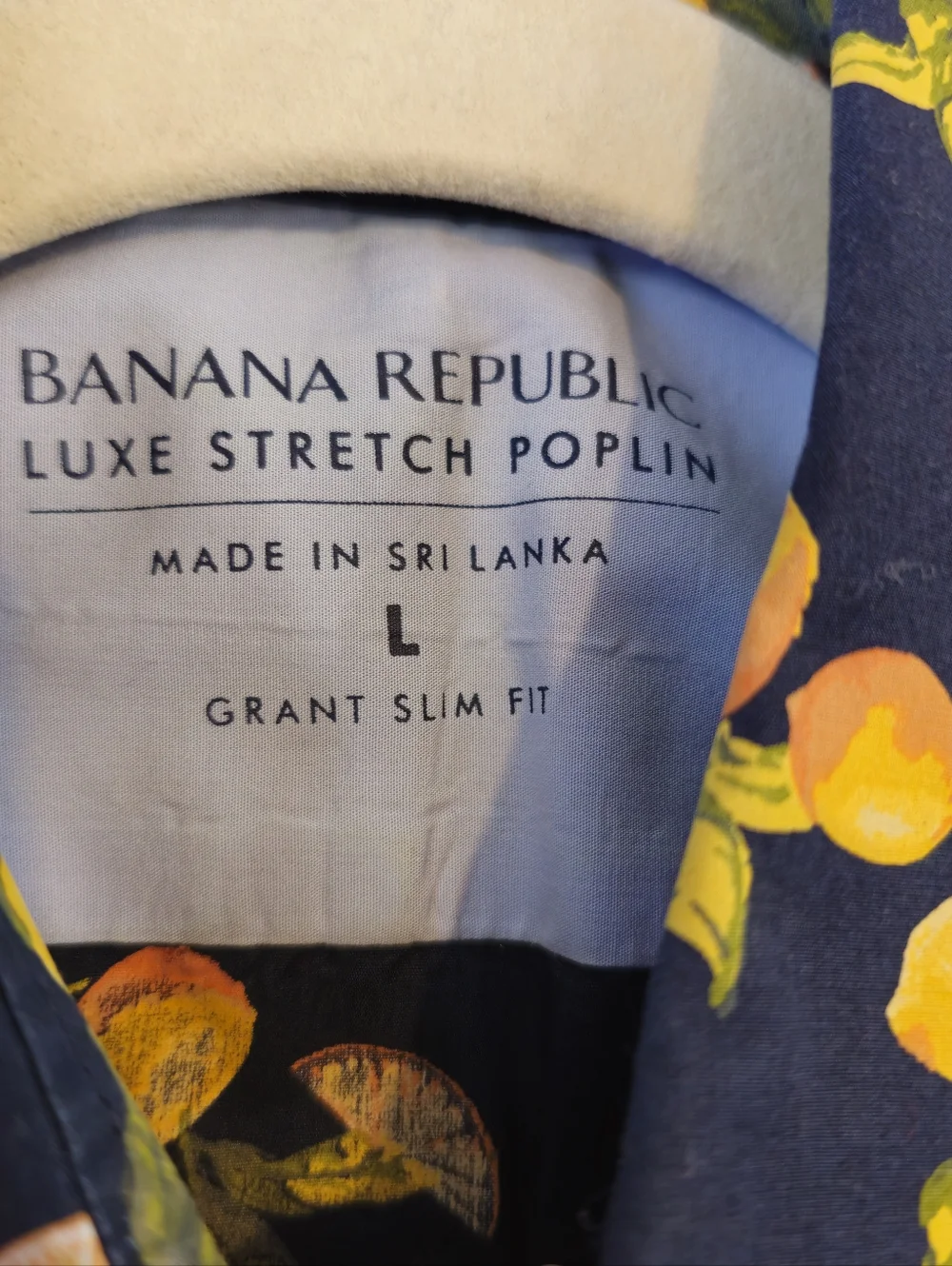 Banana Republic Short-Sleeve Navy Lemon Print Shirt Luxe Stretch Poplin Size L
